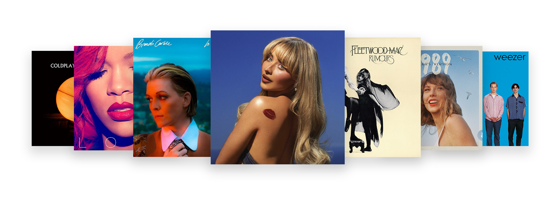 Mood Media's music solution for business has all the artists your customers love. Image shows album covers from Sabrina Carpeter, Fleetwood Mac, Taylor Swift, Weezer, Brandi Carlise, Rihanna and Coldplay.